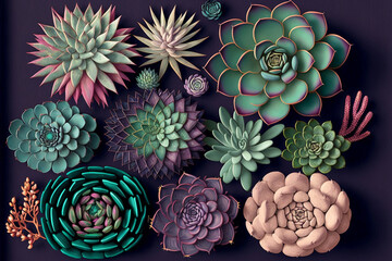 Sticker - Flat lay illustration of succulent flowers.