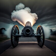 Cannon Fires In A Blast Of Flame And Smoke. 
