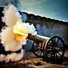 Cannon fires in a blast of flame and smoke. 