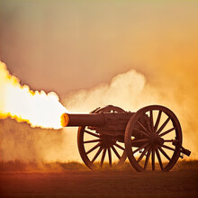 Cannon Fires In A Blast Of Flame And Smoke. 