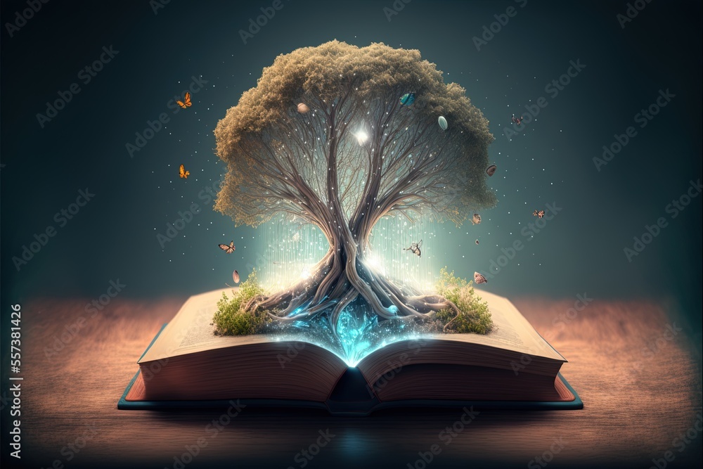 Open book with magical green tree and rays of light on wooden deck ...