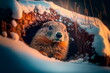 Happy Groundhog Day. Groundhog Emerging from a Snow . Generative AI