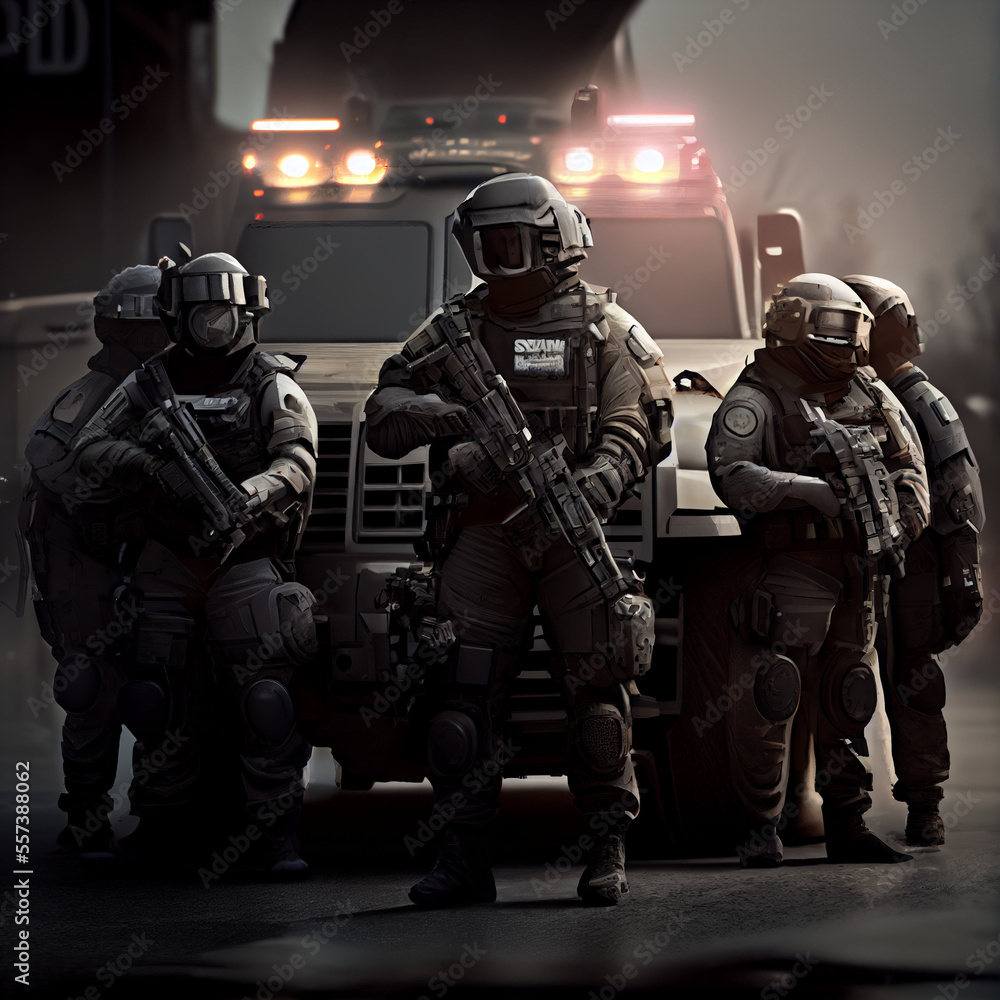 Non city-specific SWAT team in full riot gear preparing, Fast response ...