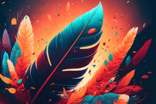 Feathers In Sunset Colors. Generative Ai Technology Assisted Digital Painting.