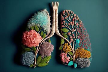  Abstract human lungs formed by compositing a mix of different plant life, denoting health and wellbeing. Plain background. Created with generative ai.