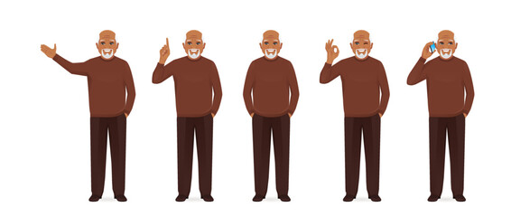 Wall Mural - Handsome senior man in casual outfit set with different gestures isolated vector illustration