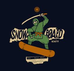 Wall Mural - Snowboard ninja. Snowboarder with katana riding snowboard. Winter sports vintage typography silkscreen t-shirt print vector illustration.