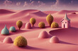 Funny-looking houses and buildings in the pink desert. An incredible alien landscape, a futuristic desert