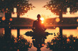 Buddhist monk meditating on lake , Generative AI illustration