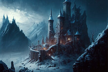 Fantasy Medieval Castle In Snowy Mountains, Concept Art, Digital Illustration