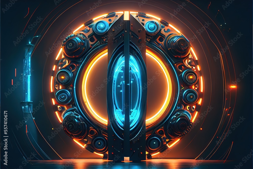 Portal Generative Graphics Generative AI illustration of high tech fantasy round portal neon light ...