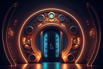 Generative AI illustration of high tech fantasy round portal neon light, illumination entrance, galaxy doors, appliances, cyberpunk. Abstract neon background, portal, entrance