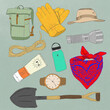 © ADDICTIVE STOCK - Set of hiking and gardening tools on gray background