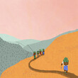 © ADDICTIVE STOCK - Illustration of workers walking on path in mountainous countryside during harvesting season