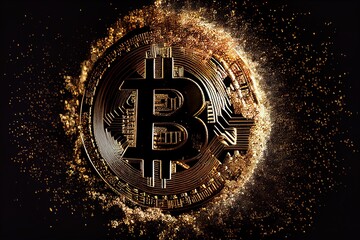 Generative AI illustration of bitcoin sign on a gold coin , the coin glitters , bunches of golden sparks , black background