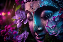 Generative AI Illustration Of Abstract Lifelike Buddha, Flowers, Magic Lighting, Beautiful Metallic And Stone Colors, Detailed, Natural Lighting, Natural Environment. Digitally Generated Image