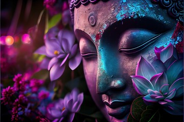generative ai illustration of abstract lifelike buddha, flowers, magic lighting, beautiful metallic 