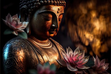 generative ai illustration of abstract lifelike buddha, flowers, magic lighting, beautiful metallic 