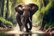 canvas print picture - Wilder Elefant läuft durch einen Fluss im Dschungel Thailands. 
