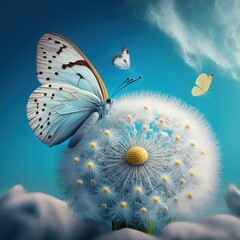 Canvas Print - a painting of a dandelion with a butterfly on it and a butterfly flying over it.