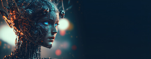 Fototapete - Artificial intelligence, a humanoid cyber girl with a neural network thinks. Artificial intelligence with a digital brain is learning to process big data. AI