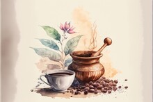 A Painting Of A Cup Of Coffee And A Pot Of Beans With A Flower On It And A Spoon.