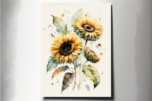 A Painting Of A Sunflower With Leaves On It's Back Side And A White Background With A Black Frame.