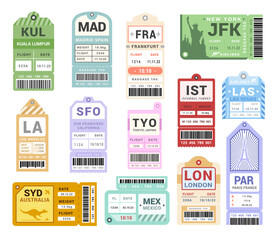 Traveling old tickets baggage retro tags set vector flat badge coupon plane sticker boarding pass