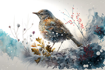 Wall Mural - Watercolor drawing of a winter scene with bird, flowers and plants. Generative AI.