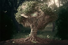 Money Saving Concept, Money Growing  On Tree Concept, Created With Generative Ai