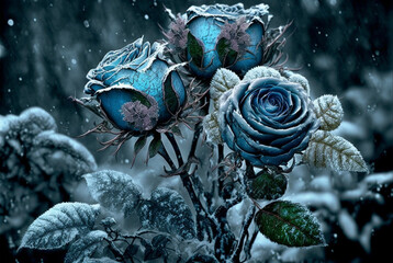 Fantasy Vintage Classic blue roses bouquet and snow ice on blurred background.blue's valentine's day.Generative AI..