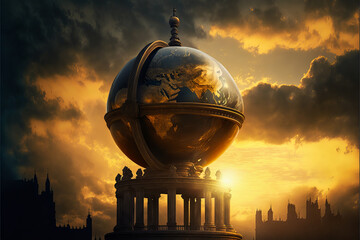 powerful combination of the globe and ancient architecture, against a sunset background. a giant wor