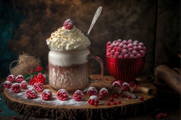 Poster - a cup of hot chocolate with whipped cream and raspberries on a table with a red mug and a spoon.