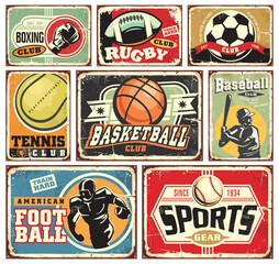 Sports and recreation old retro signs collection. Vector set of basketball and football sports club posters and equipment shop advertisement. Rugby and baseball vintage graphics.