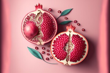 Sticker - a pomegranate cut in half on a pink background with leaves and berries around it.