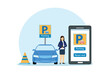 Woman with car parking online reservation application on mobile phone, flat design illustration