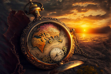 A vintage pocket watch, sitting on a beach facing a sunset. A symbol representing time and place. A timeless painting to illustrate the world map.