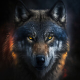 Fototapeta  -  a wolf with yellow eyes and a black background with a red glow on its face and a black background with a red glow on its eyes. Generative AI