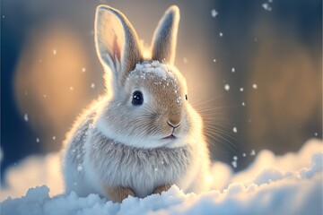  a rabbit sitting in the snow with a snowflake in the background and a sky background with snow. Generative AI