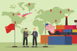 China and America trade, two businessmen handshaking with container ship and world map background