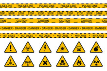 Danger Warning Ribbon And Sign, Yellow Alert Triangles And Ribbon. Caution Tape Set, Restricted Access, Safety And Hazard Stripes, Alert Symbols. Attention, Poison, High Voltage, Radiation, Biohazard.