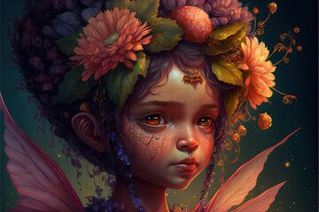 Sticker - a painting of a young girl with flowers on her head and wings on her head.