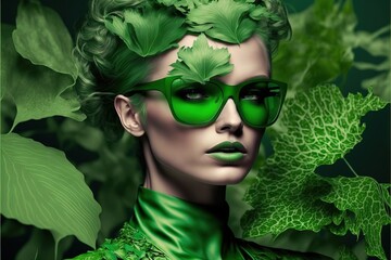 Sticker - a woman with green leaves on her face and green glasses on her face.