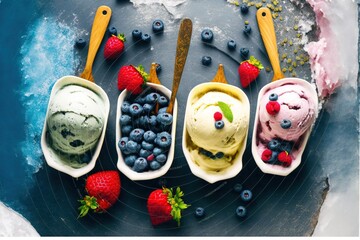 Sticker - a group of ice creams with berries and blueberries in them on a plate dessert ice cream dessert fruit ice cream spoons spoons spoons.