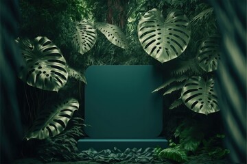 Wall Mural - 4K resolution or higher, Green podium in tropical forest. Generative AI Technology