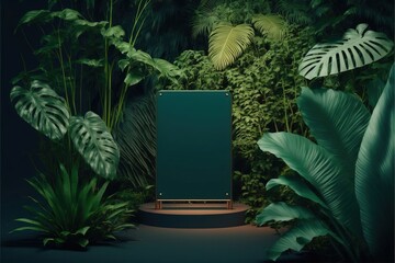 Wall Mural - 4K resolution or higher, Green podium in tropical forest. Generative AI Technology