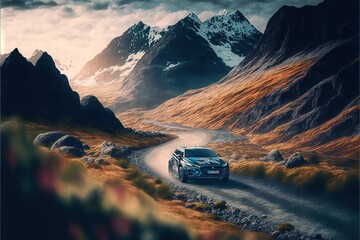 Sticker - a car driving down a road in the mountains with a cloudy sky above it and a mountain range in the background.