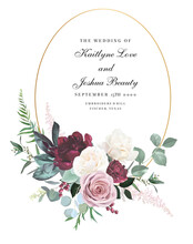 Blush Pink Rose, Burgundy Red Peony, Ranunculus, Hydrangea, Magnolia Flowers Vector Design Round Frame
