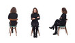 © Curto - front, side and back view of same woman sitting on chair with dress on white background