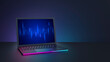 © Rana - Laptop computer with blue pink lighting and blank screen place on dark background. 3D illustration image.